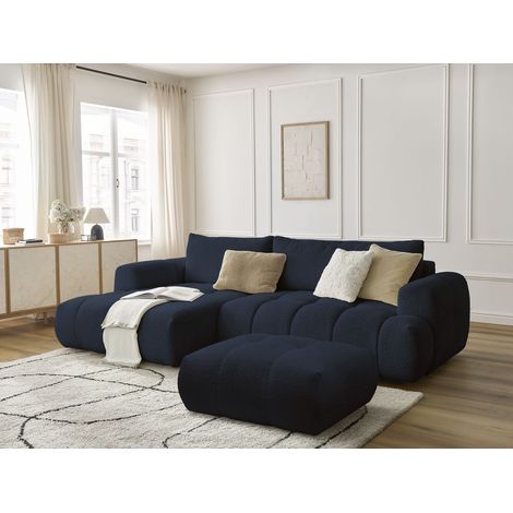 BOBOCHIC - Canapé d'angle convertible FUJI tissu bouclette avec pouf Angle gauche Bleu foncé (1/5)