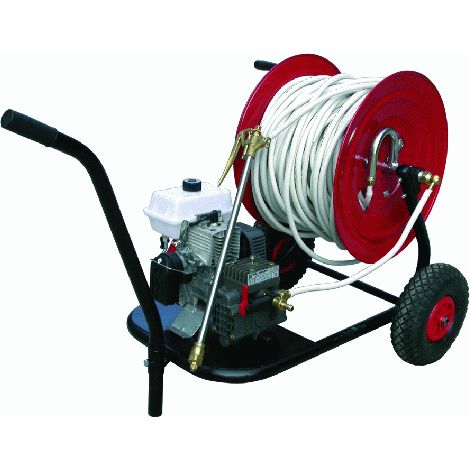 Motopompa irroratrice 2 hp con carrello avvolgitubo lancia e tubo da 100 metri