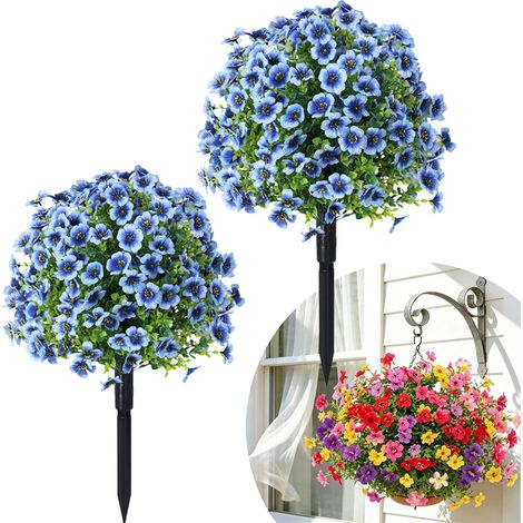 Bolas artificiales de boj (juego de 2), resistentes a los rayos UV, con flores decorativas, para macetas de exterior (terraza, porche, jardinera), color azul, 60 cm. (1/5)