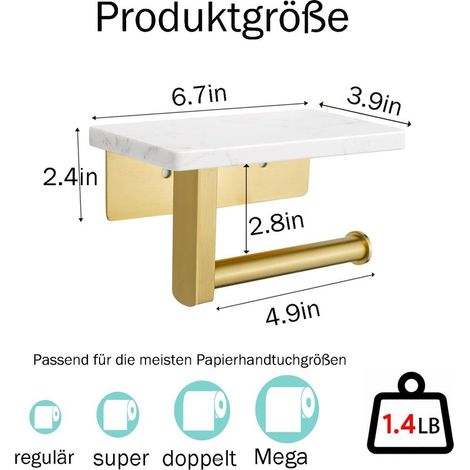 Toilettenpapierhalter mit Ablage, Toilettenpapierrollenhalter aus weißem Marmorgold, gebürstetem Edelstahl, zur Wandmontage für Küche und Badezimmer (Gold) (1/5)