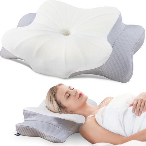 Ergonomisches Nackenkissen für Seiten-, Rücken- und Bauchschläfer, Memory-Schaum-Kissen für Nacken und Schultern, mit Kissenbezug, 63 x 38 x 9/14 cm, Hellgrau (1/5)