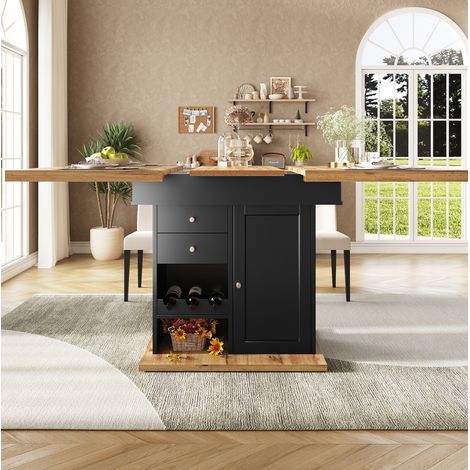 Table extensible MDF noir et naturel 110-140x80 cm avec rangements intégrés pour 4 à 6 personnes (1/5)