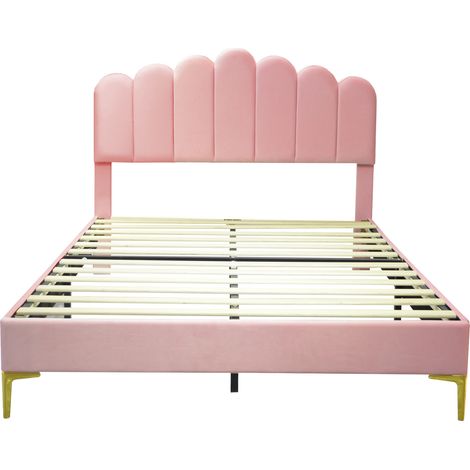 CAIziLit rembourré 140x200 cm, tête de lit, sommier lattes, velours rose (1/5)