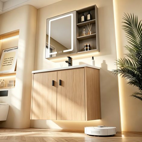 Meuble salle bain 60cm chêne clair, grand rangement 2 portes fermeture douce, meuble vasque pratique, salle d'eau fonctionnelle et design (1/5)