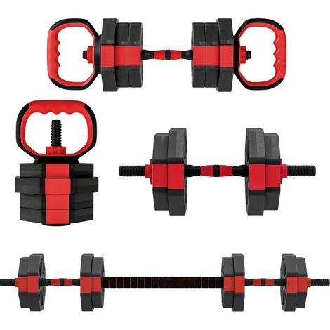 Set manubri 4 in 1 regolabile 15 kg, kettlebell, bilanciere e push-up, rosso, OKWISH (1/5)