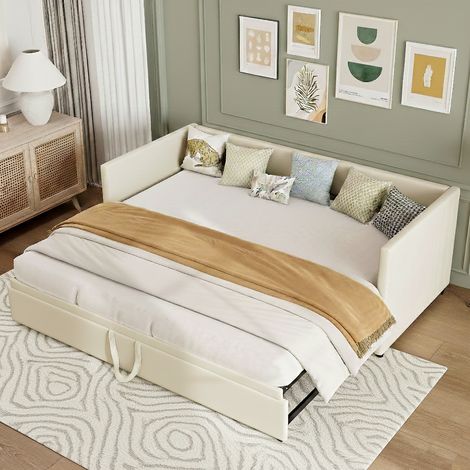 Canapé lit Convertible 2 Places 90/180 x 200 cm, Canape Lit Rembourré avec sommier à Lattes, Canapé-lit gigogne, Extensible, Tissu Velours, sans Matelas, Beige (1/5)