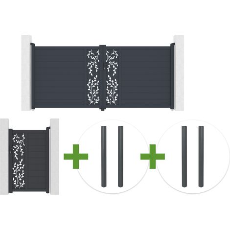 Portail battant 3,5m FOLYA H.160cm aluminium gris + 4 poteaux + Portillon 1m FOLYA H.160cm (1/5)