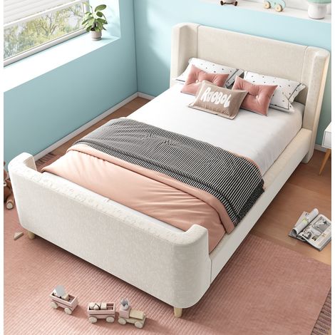 Kinderbett Schlittenbett 90x200 cm aus Samt in Beige mit gepolstertem Kopfteil und Lattenrost (1/5)