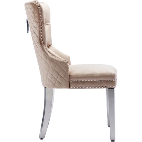 Set di 4 sedie da pranzo in velluto beige con gambe in metallo e schienale decorativo (1/5)