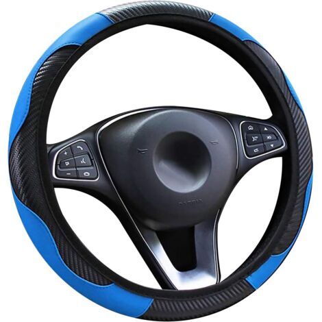 Leather steering wheel cover, breathable, non-slip carbon fiber sport rubber band without inner ring. Universally suitable for steering wheels with a diameter of 37–39 cm (14.5–15 inches) (blue).
