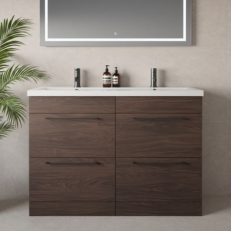 Napoli 390 Brown Oak 1200mm 4 Drawer Vanity Unit with Double Glide Basins - 1200mm - Gunmetal Grey 320mm Handle