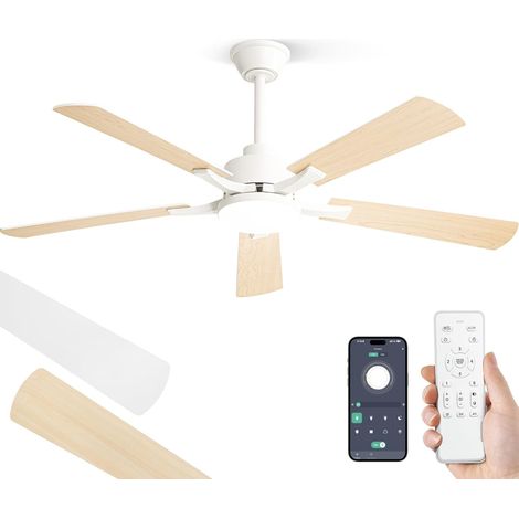 Ceiling Fan with Lighting, Diameter 132 cm, Silent with Remote Control and Application, DC Motor Reversible, 6 Speed, Dimmable 10-100%, Memory for Bedroom and Living Room (White/Natural Wood) (1/5)