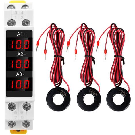 Ampèremètre triphasé sur rail DIN avec affichage numérique LED, haute précision, avec 3 capteurs, AC 80-500V 1-100A