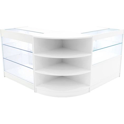 Set Mostradores Comerciales "CALLIOPE"   Blanco  K900+C900+LM60  MDF y vidrio templado  Estantes y puertas corredizas con cerradura  Fácil Montaje  Mostrador Recepción Expositor Comercial Mesa
