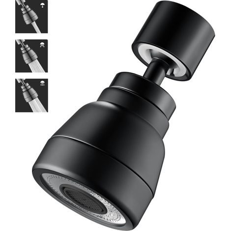 3 Modes Robinet de Rallonge Pivotant à 360°, Aérateurs pour Robinet Pivotant, Tête Douchette Evier Cuisine, Adaptateur de Robinet d'Extension, Corps en Laiton (Noir)