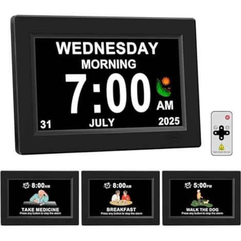 Réveil numérique pour seniors - Affichage HD sans abréviation, cadre photo à gradation automatique, bruit blanc, réglage heure d'été, cadeau idéal pour personnes âgées (8 pouces noir) (1/5)