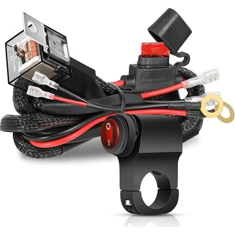 2M Kit de câblage pour barres lumineuses LED 2 fils,interrupteur guidon moto 22mm 7/8" 12V 40A,relais,fusible,faisceau câbles nylon pour ATV,moto tout terrain,scooters,feux moto (1/5)