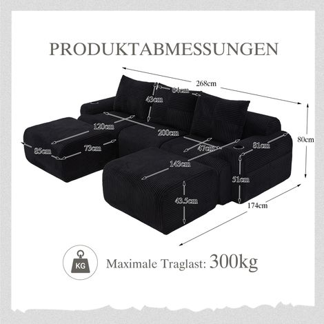 Canapé modulaire velours côtelé 3 personnes avec 2 tabourets combinable librement porte-gobelet sac rangement latéral salon familial-Ha. (1/5)