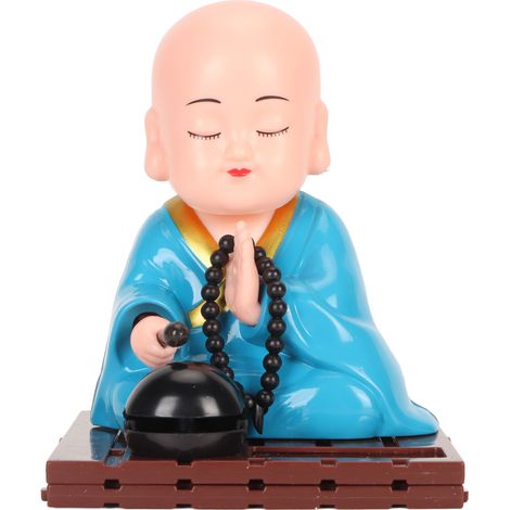 Voici une petite figurine de moine mignonne, alimentée à l'énergie solaire, idéale pour la voiture, le bureau et le salon. Elle arbore un design simple, de couleur bleu clair. (1/5)
