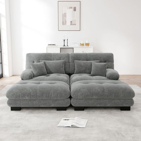 Canapé d’angle modulable 2 places en chenille gris avec 2 ottomans et 4 coussins, assise profonde, 220 x 145 x 81 cm (1/5)