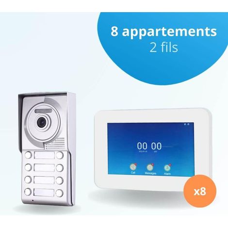 Portier interphone vidéo NEO 2 Fils - 8 appartements - 8 écrans tactiles connectés 7" blanc (1/4)