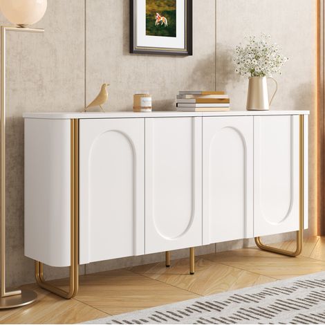 Buffet 4 portes en MDF blanc, pieds en métal doré, relief arqué et angles arrondis, ouverture Push-to-Open sans poignées, rangement organisé pour salon ou entrée – CHICFURN (1/5)