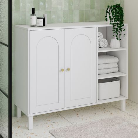 Mueble de baño, mueble de almacenamiento para el salón o el recibidor ARSENE, con 3 estantes y armario de madera blanca (1/5)