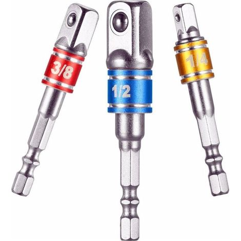 Adaptateur Porte Douilles - 1/4" 3/8" 1/2" En Acier Chrome Vanadium - Pour Perceuse Visseuse à Choc - Lot De 3 (1/5)