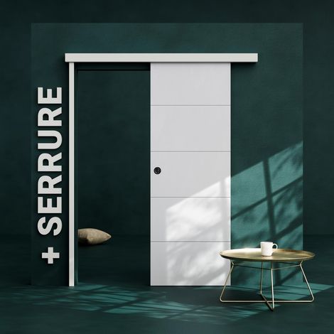 Porte Coulissante avec Rail + Serrure - Prépeinte Ligne 73 cm (1/4)