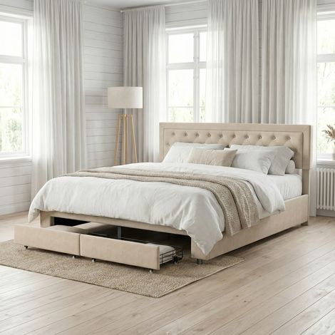 Letto contenitore 180x200, 2 cassetti, letto matrimoniale capitonné con rete, letto per adulti con apertura idraulica, rivestimento in velluto, stile moderno scandinavo(180x200cm, Beige) (1/5)