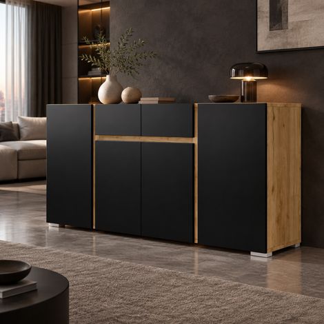 MODFU – Credenza 140x35x70 cm in MDF con 4 ante, 2 cassetti e ripiani regolabili, carico 60 kg – Nero/legno (1/5)