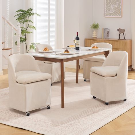 Silla de comedor con ruedas, tejido chenilla, sin reposabrazos, 2 unidades, beige DESVIAE (1/5)
