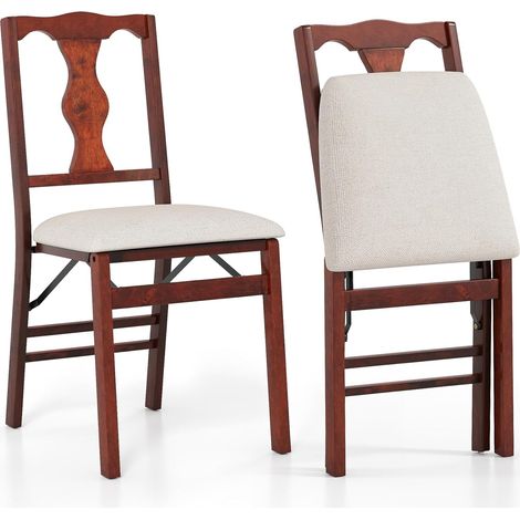 COSTWAY Chaise Pliante Salle a Manger Lot de 2, Chaise de Cuisine Bois, Dossier Design Vintage, Assises Rembourrées, Cadre en Bois de Caoutchouc, Patins Antidérapants, Gain de Place (Marron) (1/5)