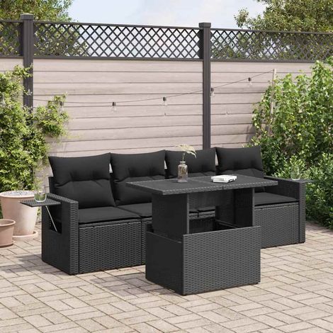 Ensemble Salon Jardin 5 Places Noir Résine Tressée avec Coussins et Table Réglable (1/4)