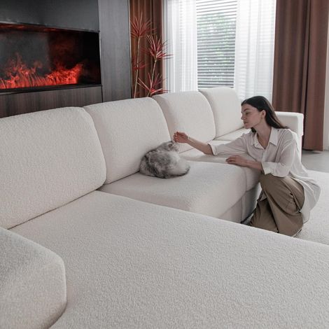 Housse de canapé - Haute élasticité et antidérapante - Lavable et adaptée aux Animaux de Compagnie - Résistante - Ivoire - 2 Housses de siège S + 1 Housse de Chaise Longue (1/5)