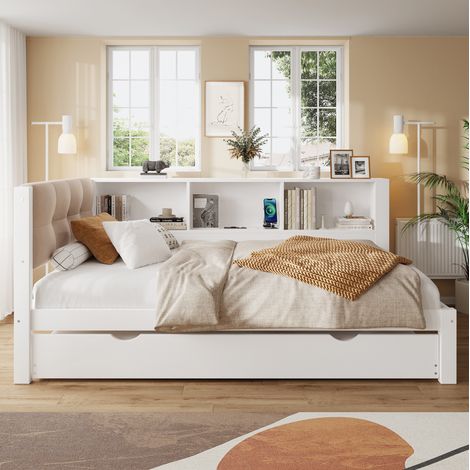 DESVIAE Lit banquette avec lit gigogne 90 x 200 cm étagères latérales port USB bande LED dimmable bois de pin blanc (1/5)