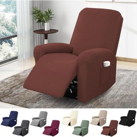 Housse de fauteuil 1 place, housse extensible avec poches, protection intégrale en jacquard rayé pour fauteuils TV et relax (marron foncé, ensemble de 4 pièces) (1/5)