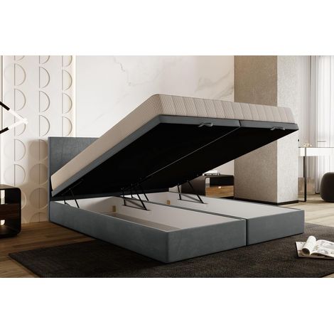 Lit adulte 160x200 cm SIESTA avec rangement et matelas ressorts ensachés en velours gris clair (1/5)