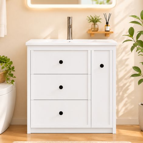 Lavabo sur pied blanc laqué 76x46x82 cm, vasque céramique intégrée, meuble avec tiroir coulissant silencieux, grand rangement, salle de bain moderne. (1/5)