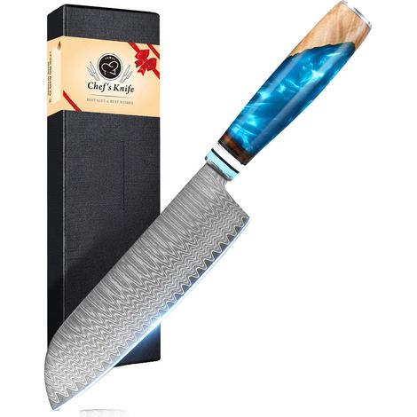 Coltello Santoku, acciaio di Damasco, manico ergonomico, coltello Santoku (1/2)