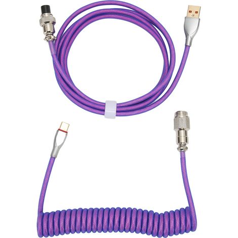 Câble Clavier Mécanique Double Gaine Personnalisé Spirale Connecteur Aviation Métal Détachable USB C vers USB A Violet (1/5)