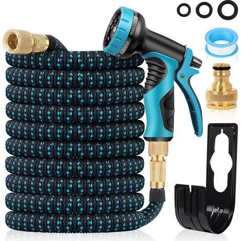 Tuyau d'arrosage extensible de 30,5 m avec buse à 10 fonctions, 4 couches de latex et raccord en laiton massif de 1,9 cm, anti-fuite, facile à utiliser (bleu) (1/5)