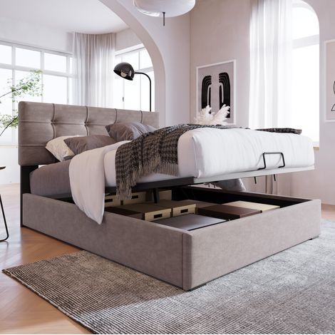 Cama tapizada con almacenaje y cabecero ajustable OKMYHOME (1/5)