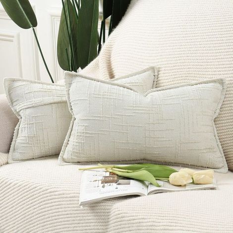 Housses de coussin décoratives en chenille 30 x 50 cm, blanc crème, doux et neutre, lot de 2, style bohème, décoration d'intérieur moderne pour chambre à coucher, salon