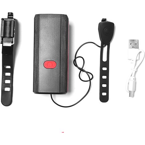 Phare vélo VTT nocturne rechargeable USB, lampe puissante avec avertisseur sonore intégré, fonction clignotante, rouge (1/5)