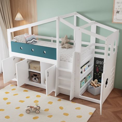 Cama alta infantil 90x200 cm con forma de casa, zona de juegos, armario de almacenamiento y escalera, blanco (1/5)