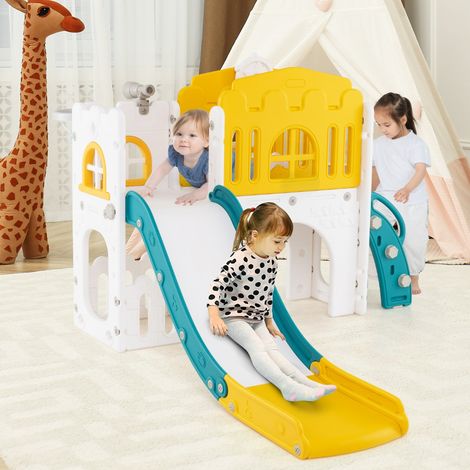 Toboggan 9 en 1 pour Tout-petits en Forme de L et Ensemble D'escalade avec Panier de Basket Télescope Volant Allée Tunnel pour 1+ An Jaune (1/5)