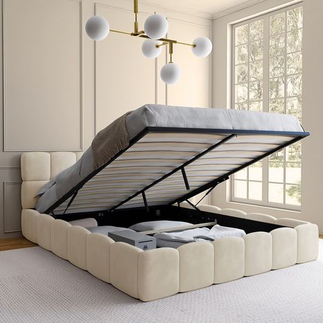 Cama de matrimonio NUAGE con cabecero acolchado y somier de terciopelo beige de 160 x 200 cm (1/5)