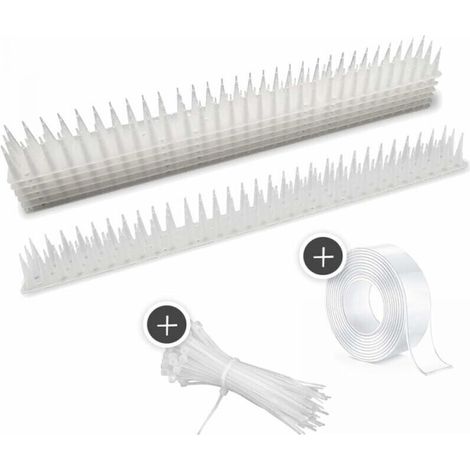 12-pack (white) – over 5 m – bird deterrent with extra high spikes for balcony, fence and roof – with waterproof adhesive tape and cable ties (1/4)