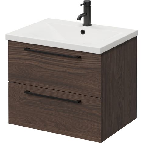 Napoli 460 Brown Oak 600mm Wall Mounted 2 Drawer Vanity Unit with Glide Basin - 600mm - Matt Black 320mm Handle